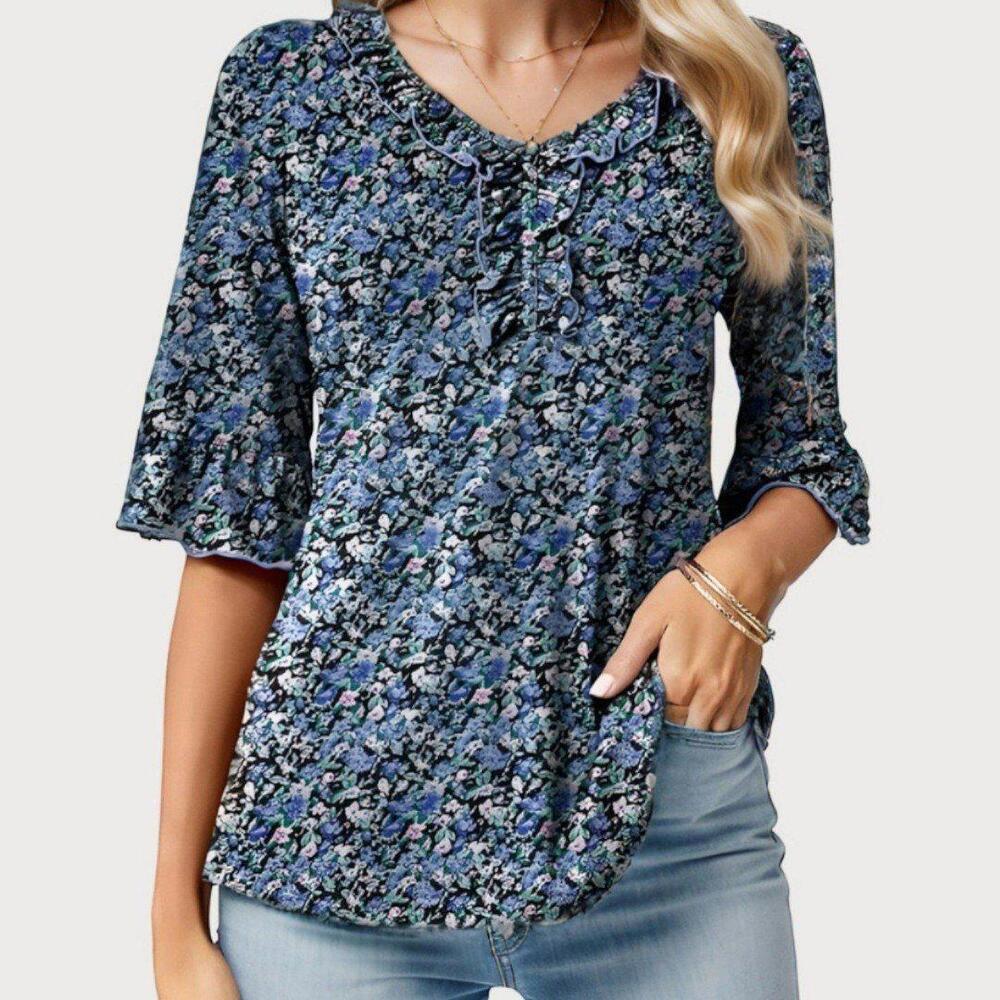 NWT Womens L Blue 3/4 Sleeve Floral ruffled sleeve V-neck Flare Blouse